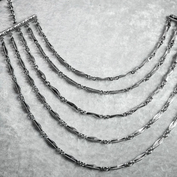 Vintage 5 Strand Tiered Silver Tone Necklace - Picture 2 of 8